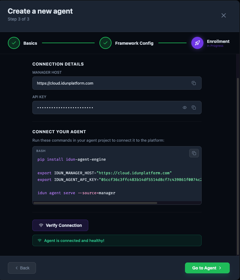 Enrolling the agent and verifying the connection