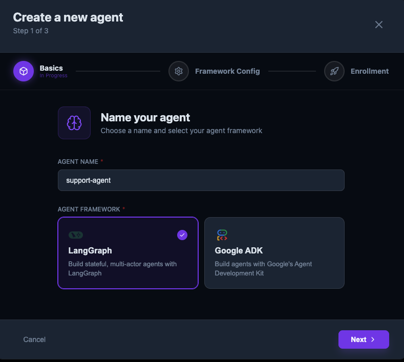 Naming the agent and selecting LangGraph