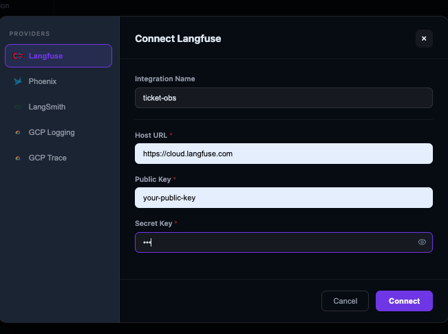 Connecting Langfuse as the observability provider