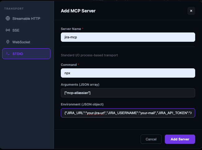 Adding the Jira MCP server with STDIO transport and environment variables