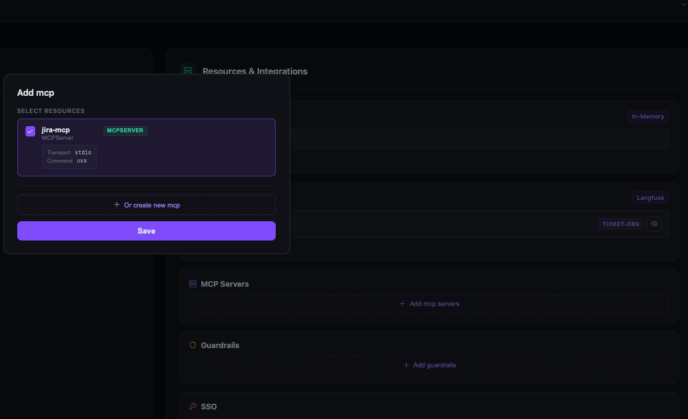 Resources and Integrations dashboard with MCP and Langfuse attached
