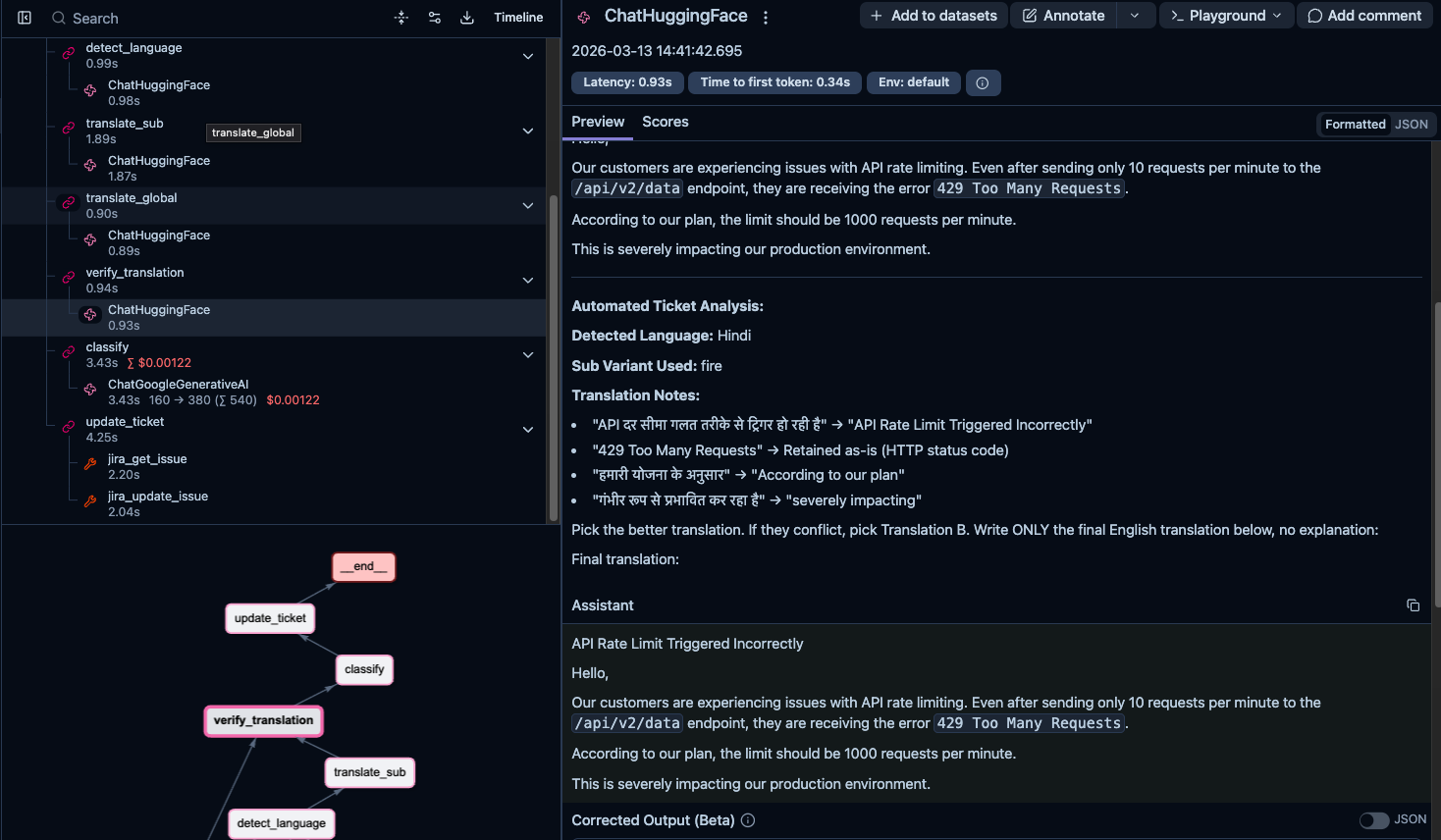 Langfuse trace showing the full agent execution